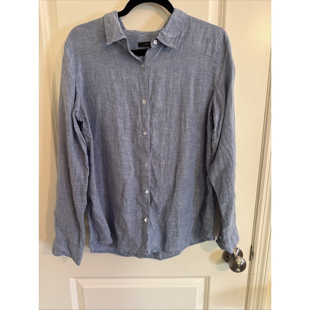 Tahari 100% Linen Blue Long Sleeve Roll Tabs Sleeves Button Up Shirt Size L